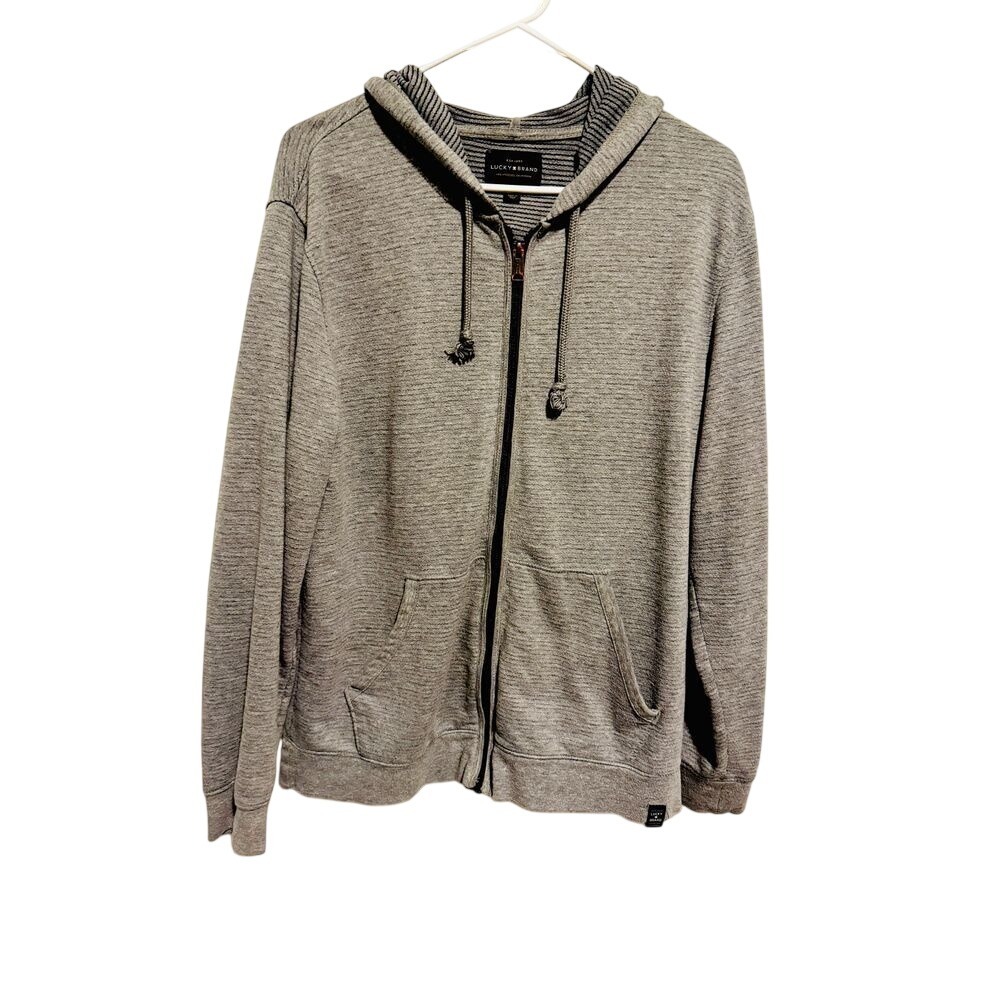 Lucky Brand Men's Full-Zip Hoodie – Gray Striped Lined Sweatshirt – Size M